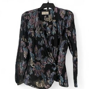 Vintage Ricki Lang for Nuit black iridescent floral wrap blouse